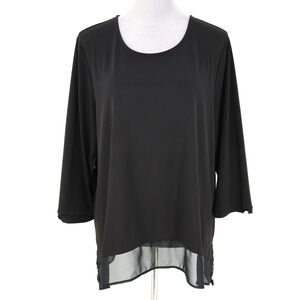 Chicos Top 3 Womens XL Black Stretch Knit Blouse Sheer Chiffon Hem Pullover